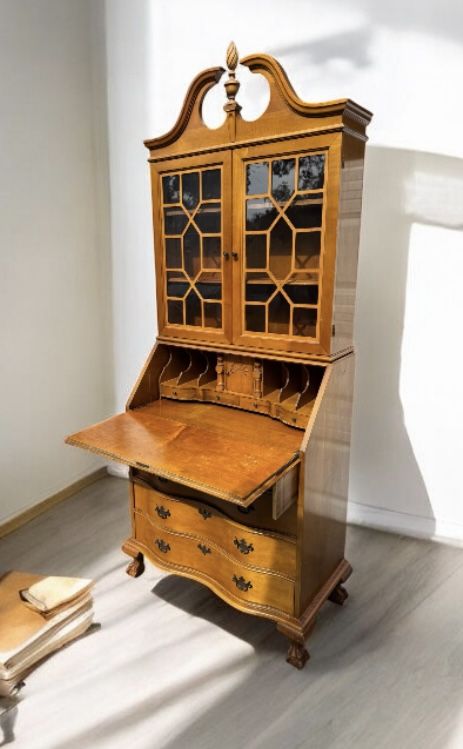 Beautifully crafted Antique Monitor brand maple  drop front court secretary desk hutch cabinet . 