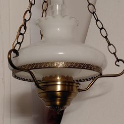 Antique Brass Finish Hanging Milk Glass Lamp 