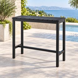 38” Black Outdoor Bar Height Table – HDPS Slatted Top, Metal Frame