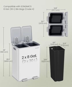 2 x 8 Gallon Garbage Trash Can 2 Compartments Foot Pedal Soft Close Lid - Matte White