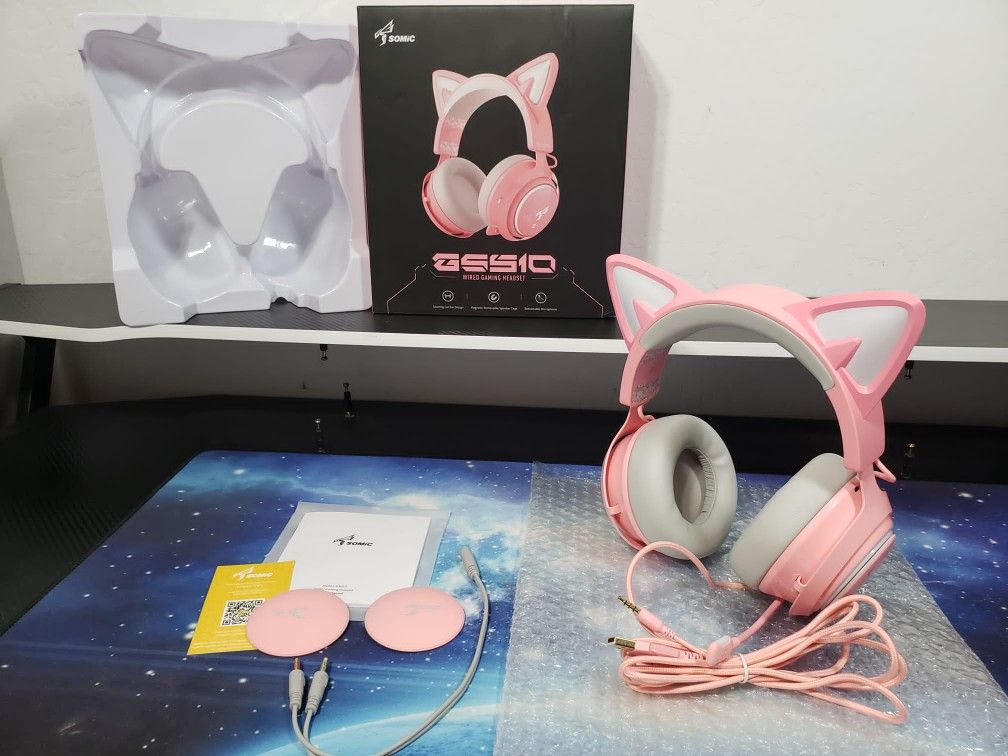 New SOMIC GS510 Gaming Headset, Cat Ear Headset PC Gaming Headphones W/ Retractable Mic Noise Cancelling, Stereo Sound, DIY Face Covers for PC, PS4, P