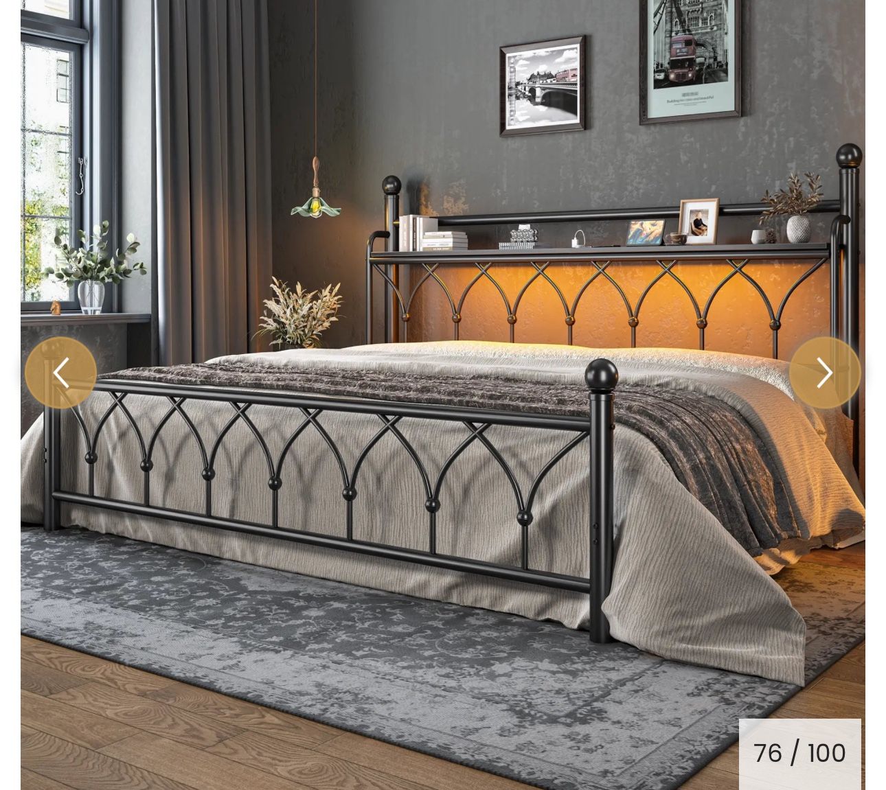 King size Snhomee Functional Metal Bed Frame With LED Headboard & Charging Station