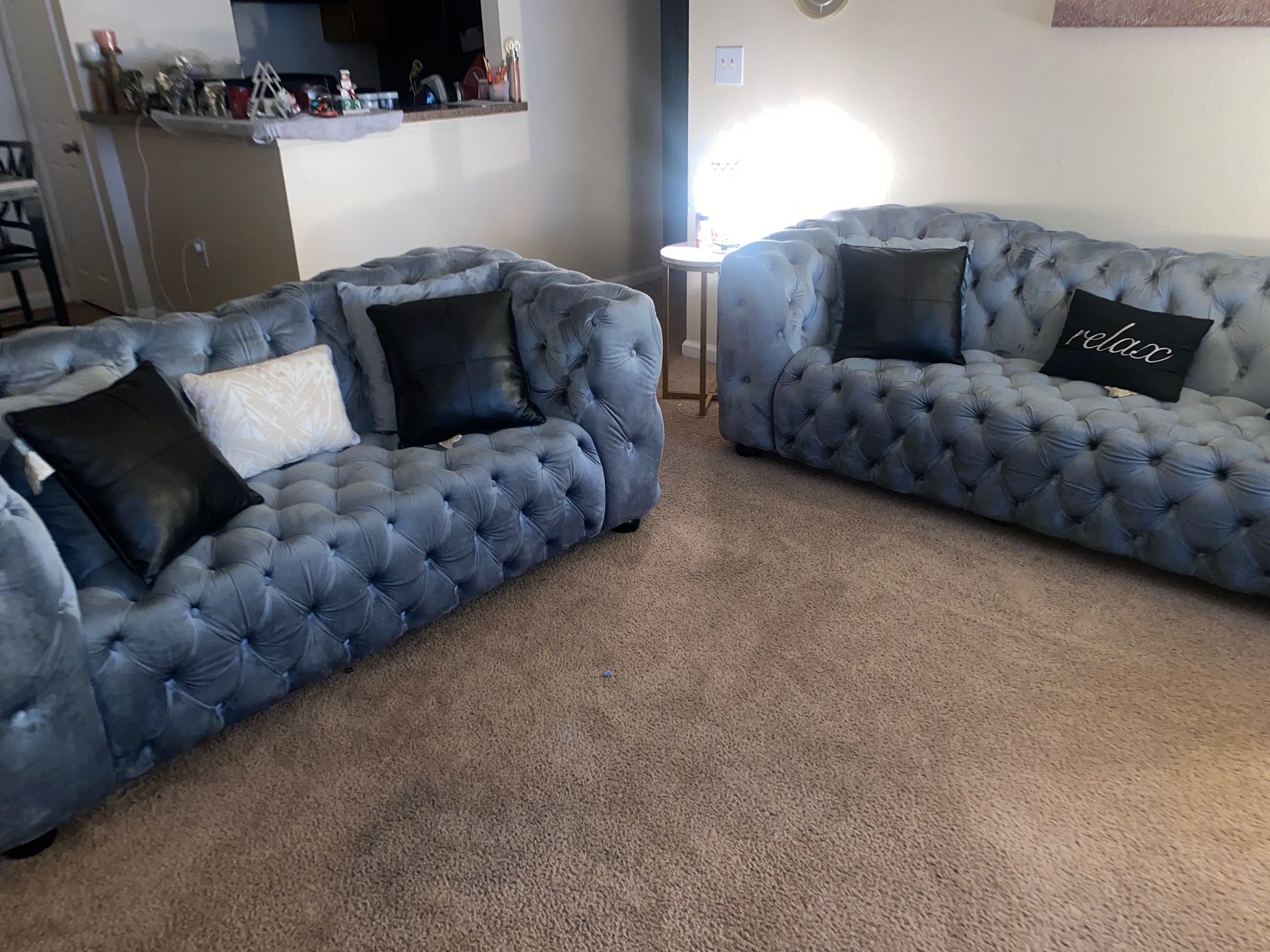 2 Beautiful Velvet Blue Sofas 