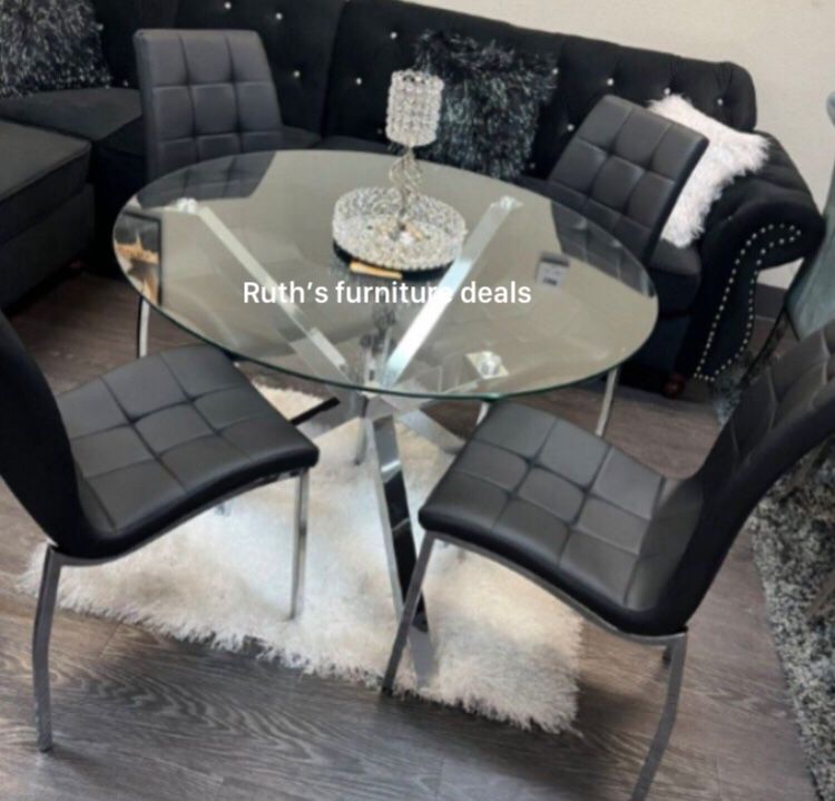 5-pc Dining Table Set Clear Glass Top With Black PU Upholstered Chairs 