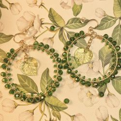 Green Leaf Hoop Earrings 