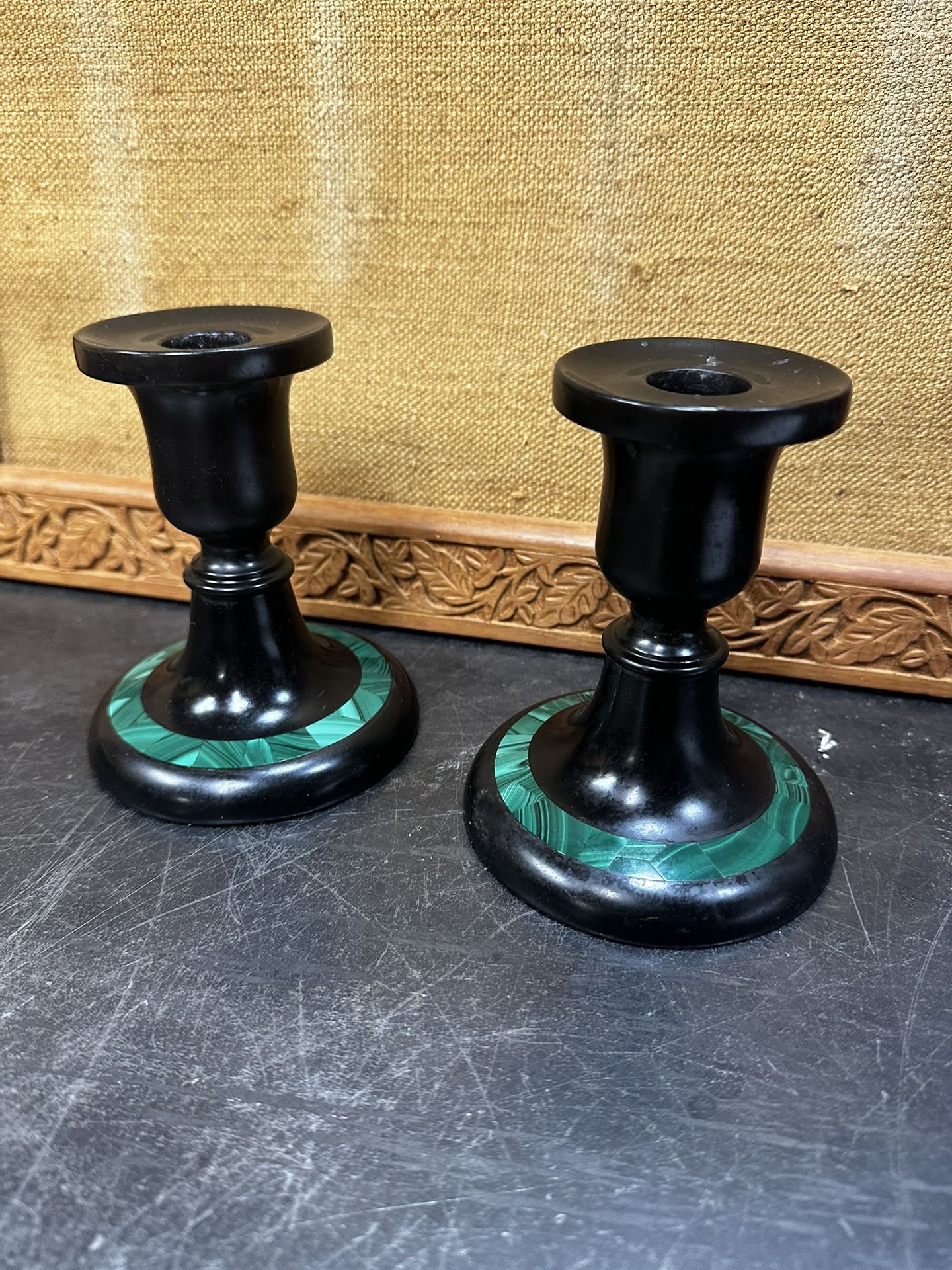 Pair Antique Russian Imperial Black Marble & Malachite Candleholders Candelabra