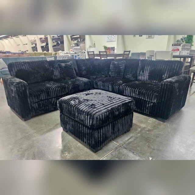 Black Jumbo Corduroy Sectional Sofa With Ottoman