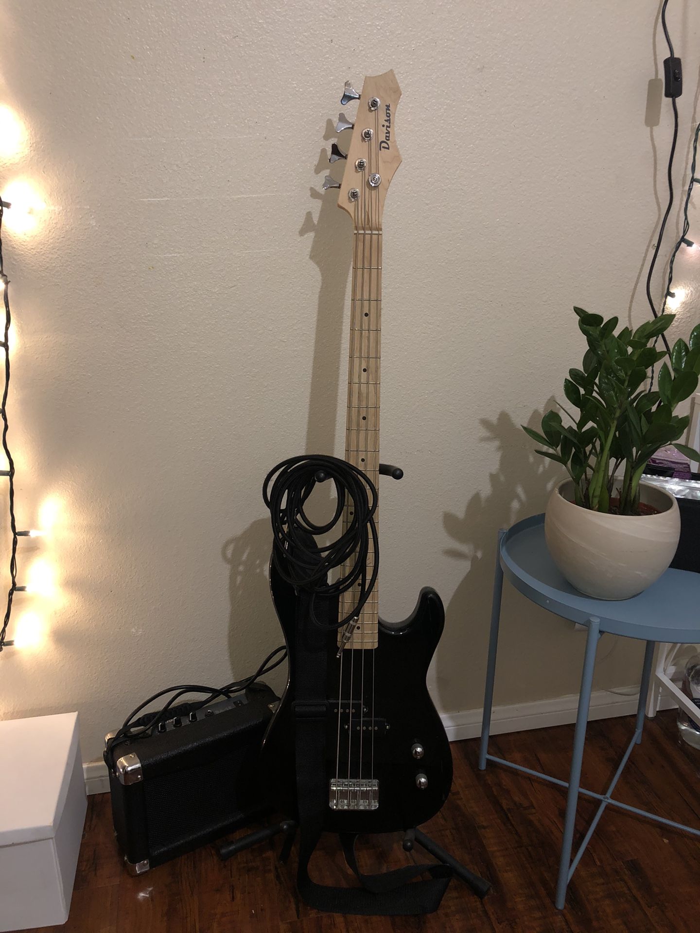 Bass Guitar with Stand, Amp, Cord and Fabric Case