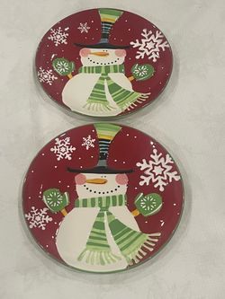 2 Pier 1 Imports holiday snowman ceramic plates. 9”