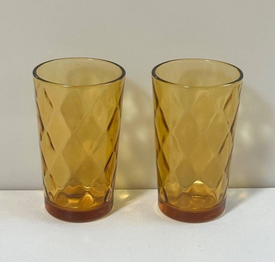 Vintage Mid Century Modern MCM Set Of 2 Gold Amber Diamond Optic Coin Dot Continental Can Hazel Atlas El Dorado Juice Cocktail Drink Tumbler Glasses