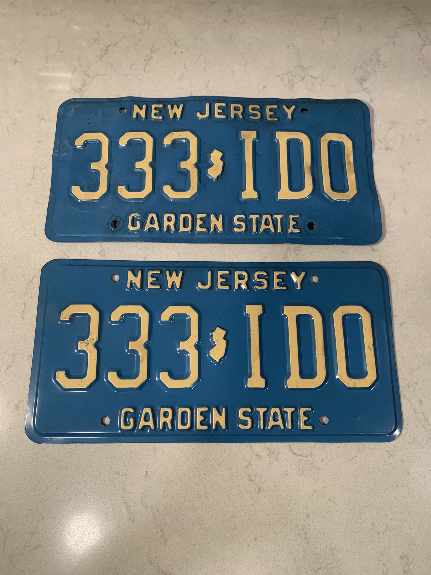 Vintage New Jersey License Plate Pair Blue 1980’s Triple 3, RARE!