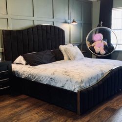 Jolie Velvet Black Queen Platform Bed / King Bed Frame &Mattress sold separately