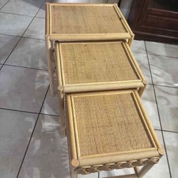1990’s Coastal Style/ Bohemian Wheat Sheaf Rattan Nesting Tables.