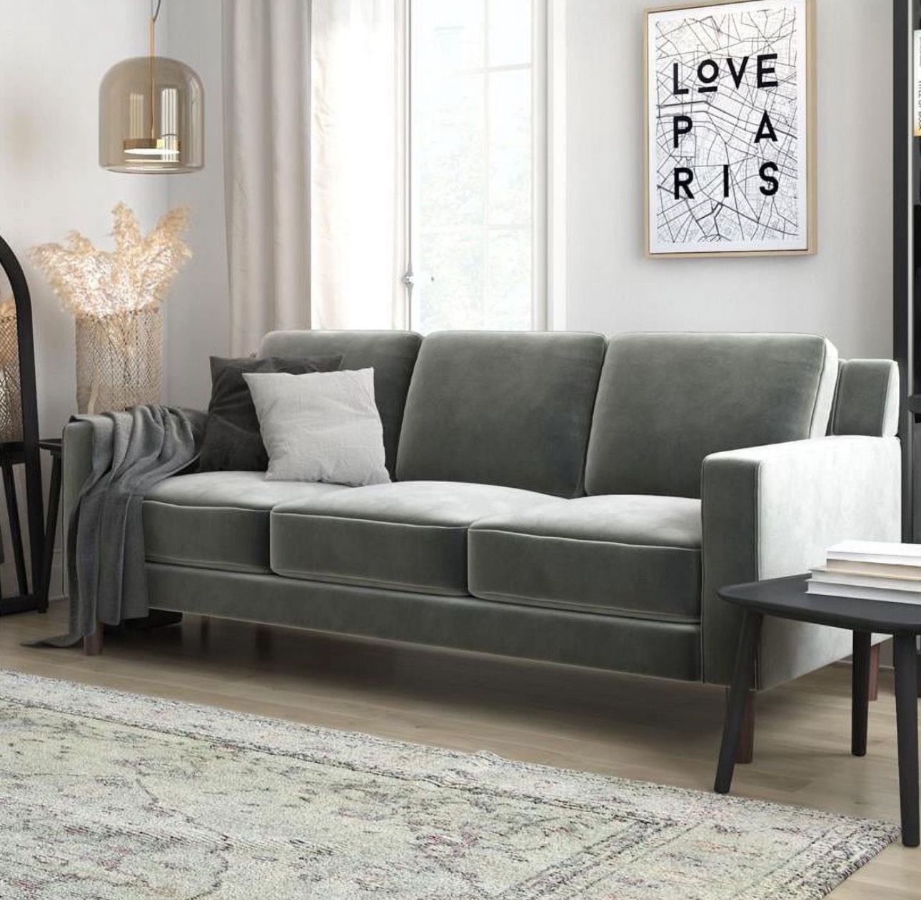3 Seater Living Room Upholstered Sofa in Gray Velvet