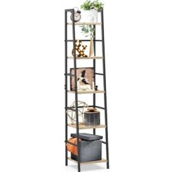 5-Tier Ladder Shelf Bookcase, Rustic Standing Shelf Storage Organizer, Wood and Metal Bookshelf for Home

