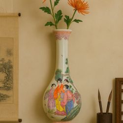 China 1900s Famille Rose Porcelain Hanging Wall Vase Figural Scene, 2.75x14”