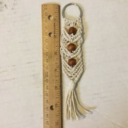 Macrame Key Fob With Wooden Beads 7” Handmade