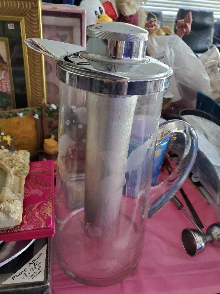 Old Clear Glass Etched Flowers pitcher Inside Tube For Ice Bucket
