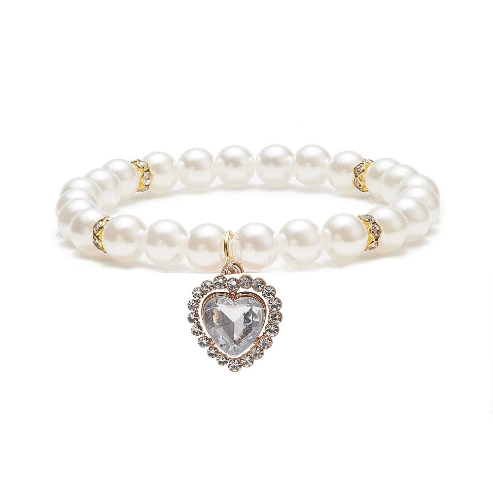 Faux Pearl Round Beaded Stretch Bracelet with Rhinestone Heart Charms