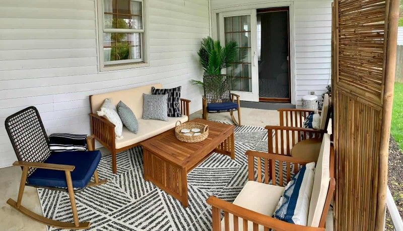 Outdoor patio wood 4 piece conversation set, loveseat with 2 chairs and coffee table