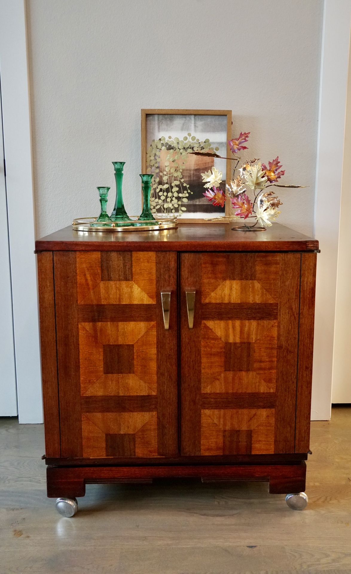 MCM Geometric Multi-Colored Wood Inlay Rolling Cabinet & Accessories