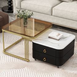 250707039 ON-TREND 2-in-1 Square Nesting Coffee Table with Wheels & Drawers, Stackable Side Table with High Gloss Marble Grain Top, End Table Set with