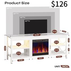 😀 Electric Fireplace TV Stand for TVs up to 65", LED Entertainment Center with Open Storage Shelves for Living Room, Bedroom, White,  👀please check 