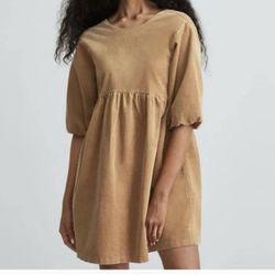 Everlane The Corduroy 3/4 Puff Sleeve Oversized Camel Tan Mini Dress