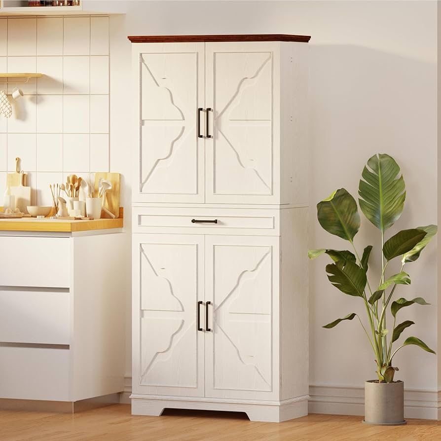 Farmhouse Kitchen Pantry Cabinet, 72" Height Tall Freestanding Cupboard with Sliding Storage Rack and 6 Hanging Shelves for Kitchen, Dining Room, Whit