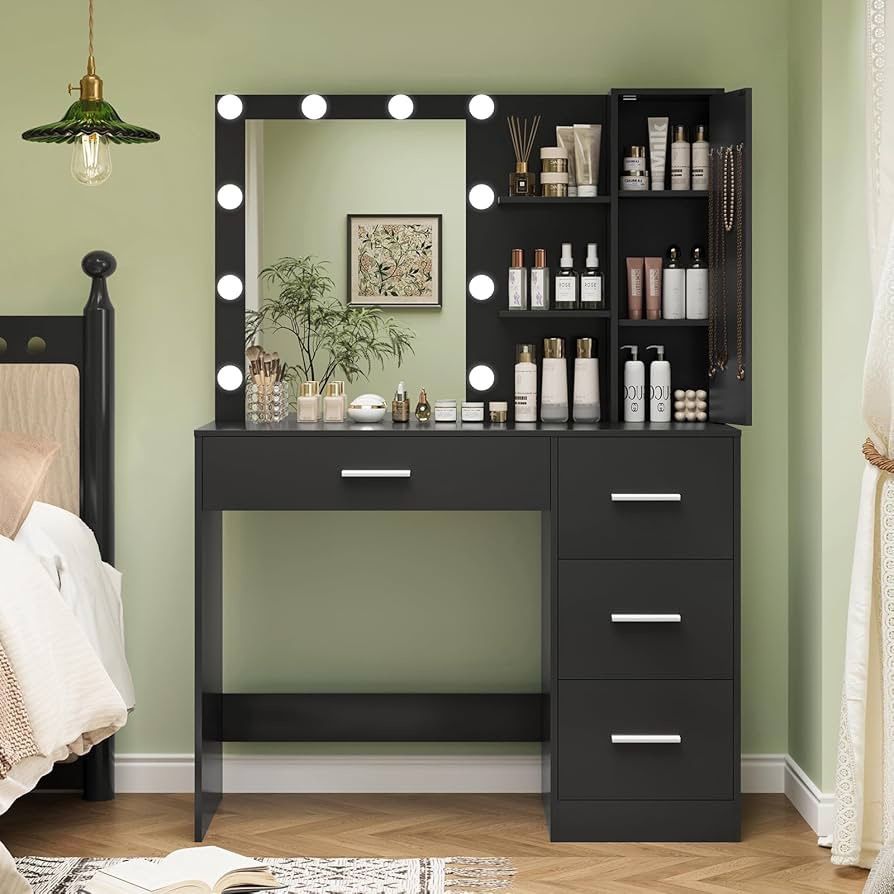 Makeup Vanity with Lights, Vanity Desk with Mirror and 10 LED Lights, Vanity Table Set with 4 Drawers, Cabinet & 4 Necklace Hooks, Dressing Table for