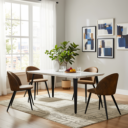 Homy Casa Stan 5PC Dining Set 63" White Marble Table with 4 Zomba Suede Black Chairs – Modern Kitchen Dining Set