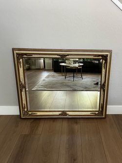 49x39 Extra Large Vintage Crackled Cream Ivory & Gold Ornate Beveled Wall Mirror