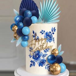 38 PCS Balls Cake Toppers Palm Leaves Cake Decorations for Birthday Wedding Baby Shower Party Supplies (Blue)