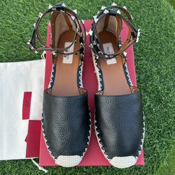 VALENTINO GARABANI ROCKSTUD BALLERINA ESPADRILLE FLATS BLACK LEATHER SZ 40 NEW