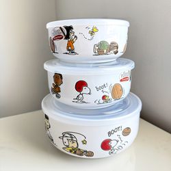 Peanuts Snoopy Football Fall Bowl Set – 3 Bowls With Lids – Charlie Brown