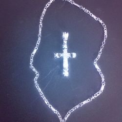 Rhinestone Cross Pendant Necklace Silver Tone