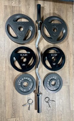 Olympic Equipment: Silver Curl Bar With Cooper Bearings & Weight Plates Pairs Of  35s, 25s And 10 Pounds   (Total: 160 lbs)