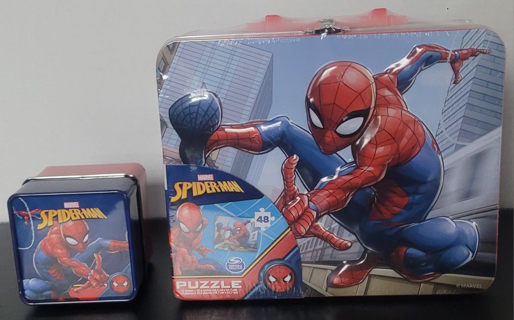 Marvel Spiderman Lunch Box Puzzle And Light Up Digital Watch With Tin Box