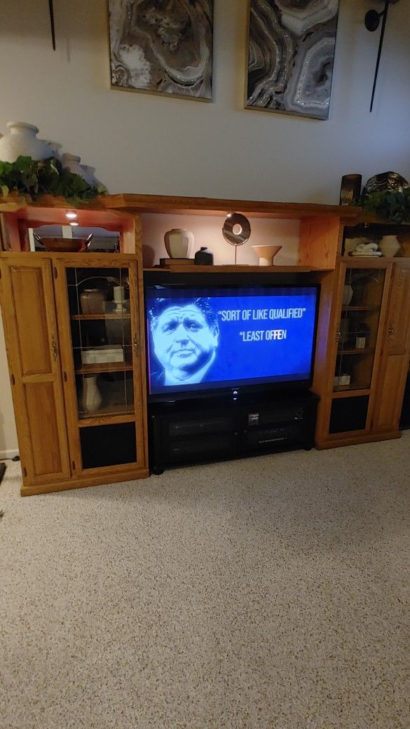 Real Oakwood Entertainment Center Fits Up to a 75"TV with night lights