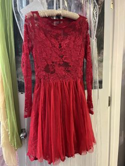 Red Chiffon Short Dress With Lace Top