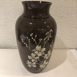 Beautiful Tall Vintage Hand Painted Brown Vase 13” Tall
