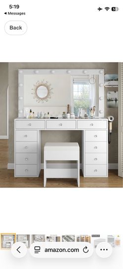 NIB! $260 Yanosaku Vanity Desk & Power Outl, Makeup Vanity with Mirror and 12 LED Lights, Makeup Table with 11 Drawers, Vanity Table with Chair,Set 3 