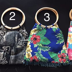 Tropical Beaded Fabric Handbags with Bamboo Handles