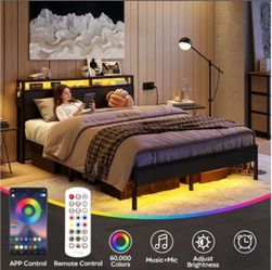 Bestier Full Size Bed Frame with Charging Station and 2 USB Ports and Outlets, LED Light Storage Headboard,Noise Free Design, Grey