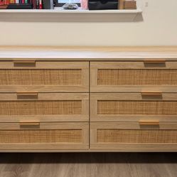 Wood And Rattan Brown Dresser With 6 Drawers