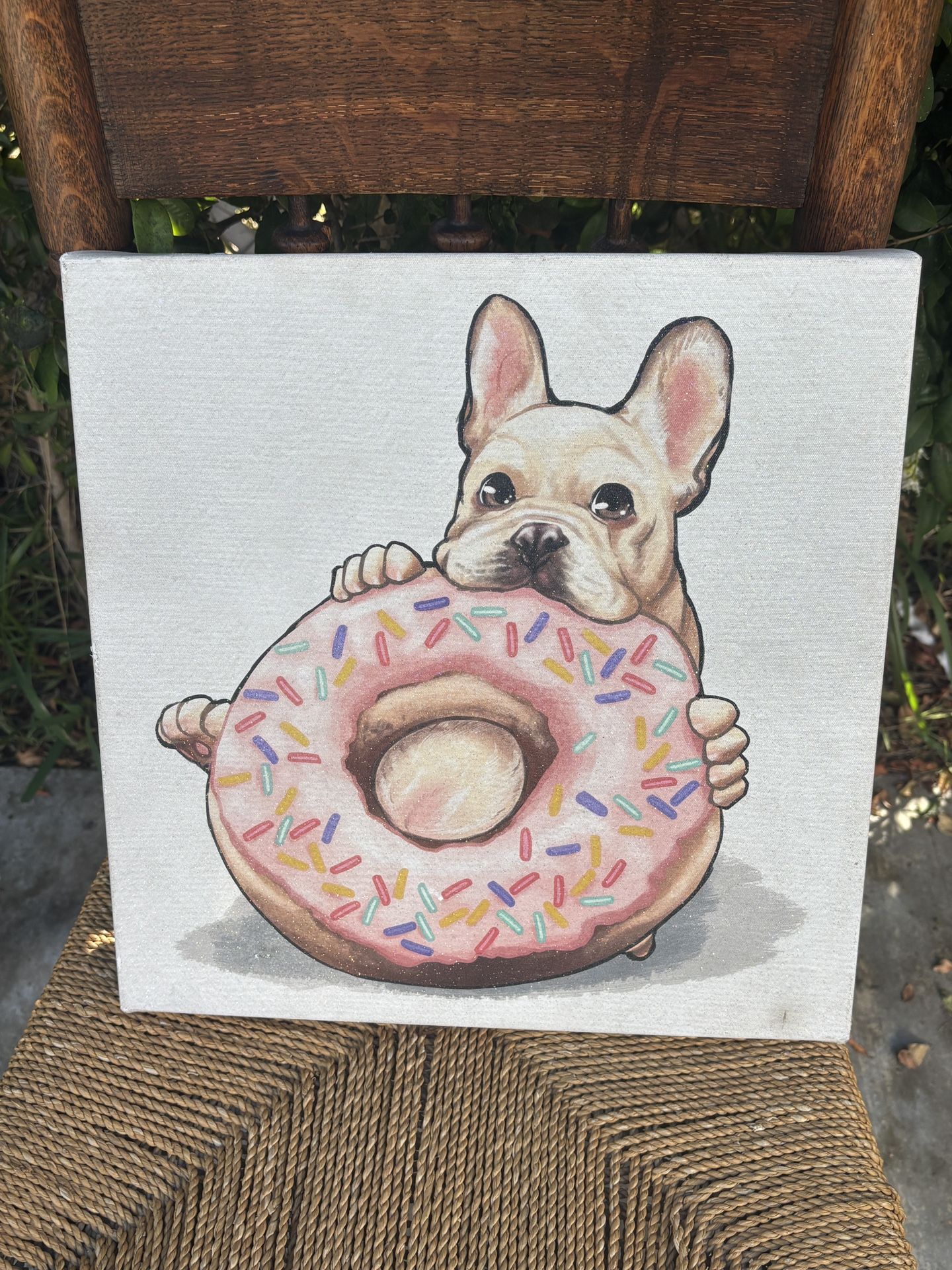Oliver Gal Frenchie with A Donut Canvas Print 14”x 14”