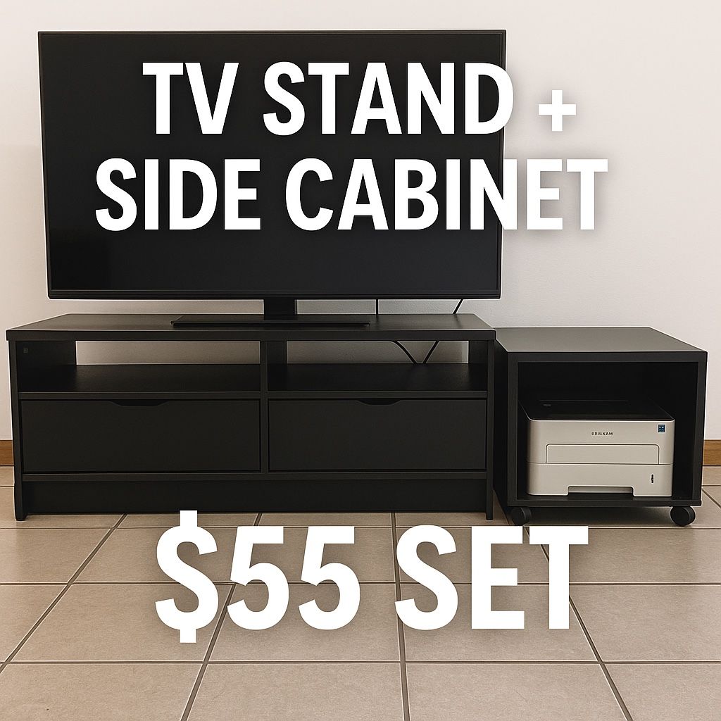 Black TV Stand with Storage + Rolling Side Cabinet