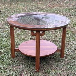 Vintage Wood And Glass Asian Style Mid Century Round Accent Coffee Table
