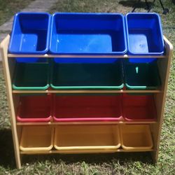 Kids Wooden Toy Storage Organizer with 12 Plastic Bins 