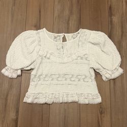 Anthropologie white ruffle Puff-Sleeve Lace Blouse